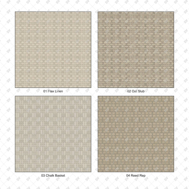 Woven fabric pattern details: Flax Linen, Oat Slub, Chalk Basket, Reed Rep