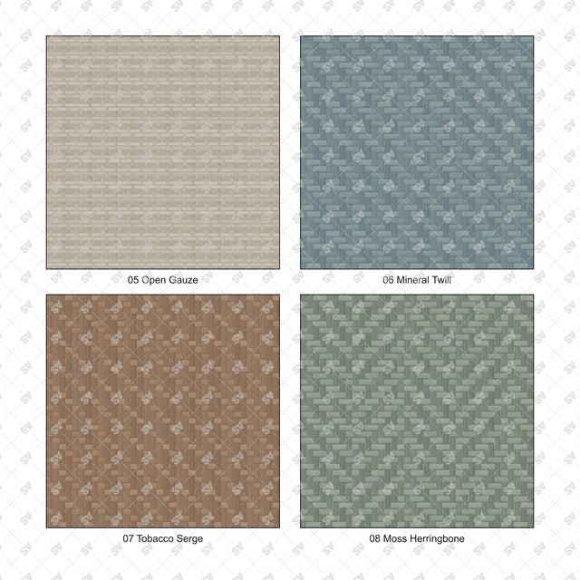 Woven fabric pattern details: Open Gauze, Mineral Twill, Tobacco Serge, Moss Herringbone