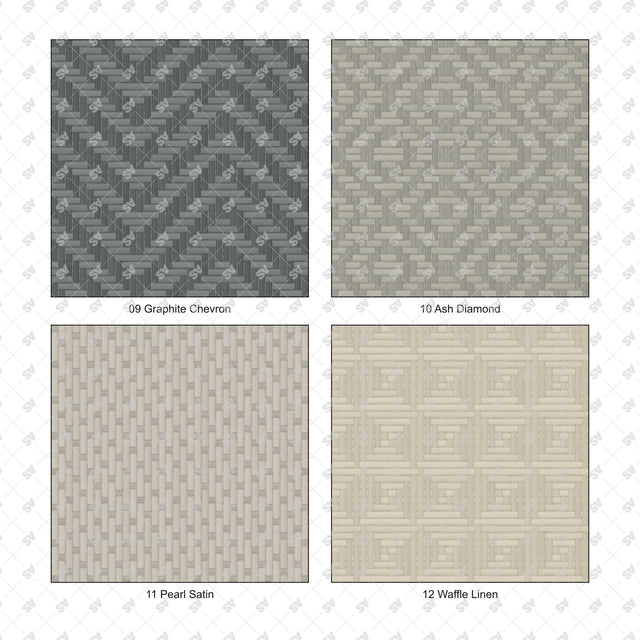 Woven fabric pattern details: Graphite Chevron, Ash Diamond, Pearl Satin, Waffle Linen