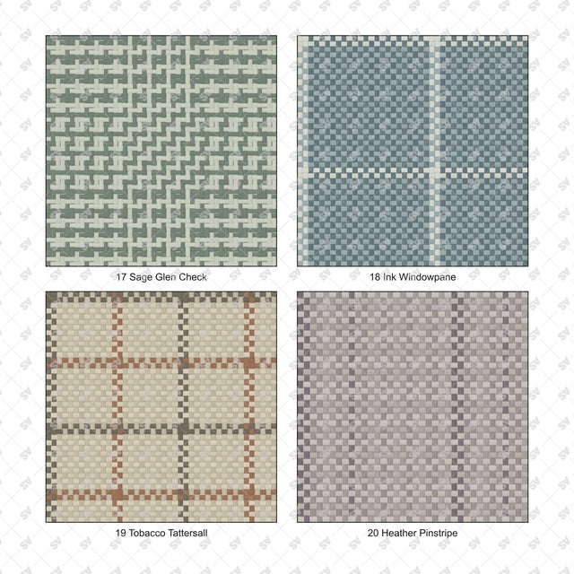 Woven fabric pattern details: Sage Glen Check, Ink Windowpane, Tobacco Tattersall, Heather Pinstripe