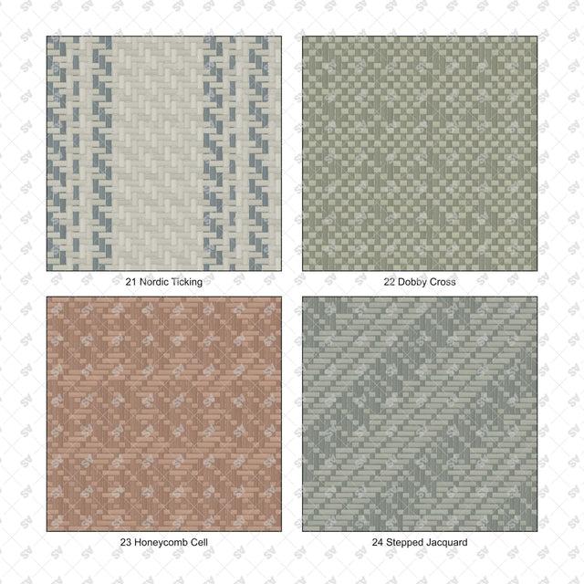 Woven fabric pattern details: Nordic Ticking, Dobby Cross, Honeycomb Cell, Stepped Jacquard