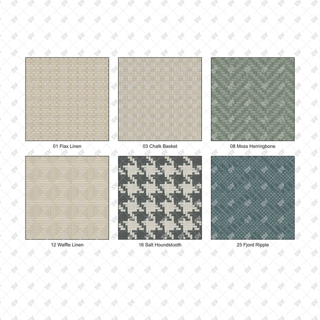 Six-pattern micro set: Flax Linen, Chalk Basket, Moss Herringbone, Waffle Linen, Salt Houndstooth and Fjord Ripple