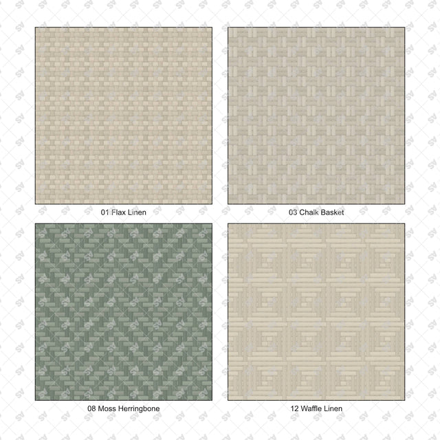 Woven fabric pattern details: Flax Linen, Chalk Basket, Moss Herringbone, Waffle Linen