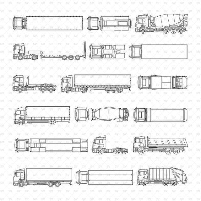 Nine trucks in top view (plan) and side view (elevation), white-background full-set catalogue
