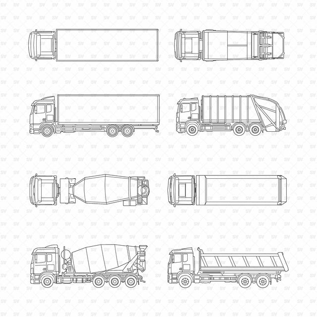 Free four-truck micro set in top view (plan) and side view (elevation), white background