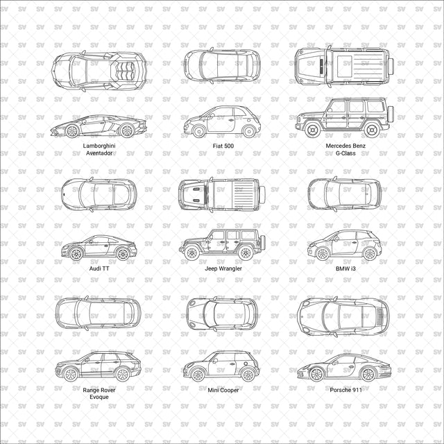 ArchiCAD Vector PNG Vehicles in Top and Side Views