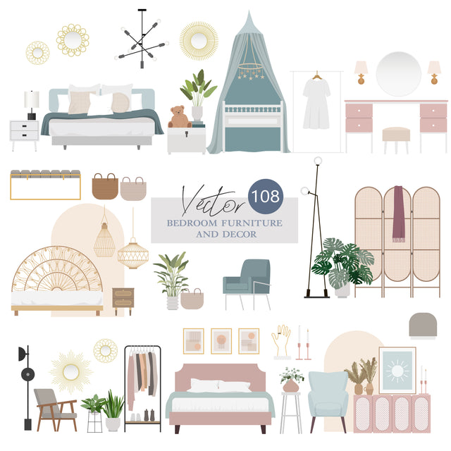 Vector Bedroom Furniture and Décor Mega-Pack (108 figures +PNGs)