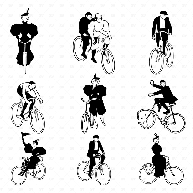 Cutout Hand Drawn Vintage Bicycle Riders (12 PNGs)
