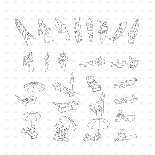 Axonometric / Top View of People on the Beach (25 CADs, Vectors, PNGs)