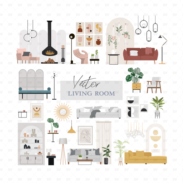 Vector Living Room Furniture and Décor Mega-Pack (98+ figures and PNGs)