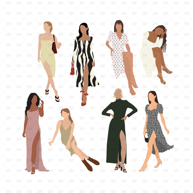 Flat Vector Women in Slit Dresses