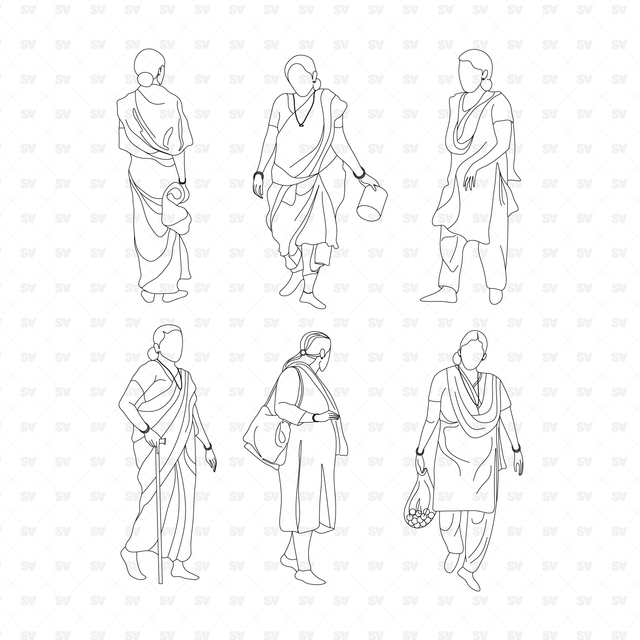 Flat Vector Indian Women cad blocks