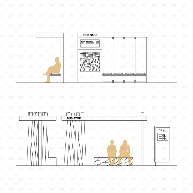 CAD, Vector Bus Stops in Front and Side Views