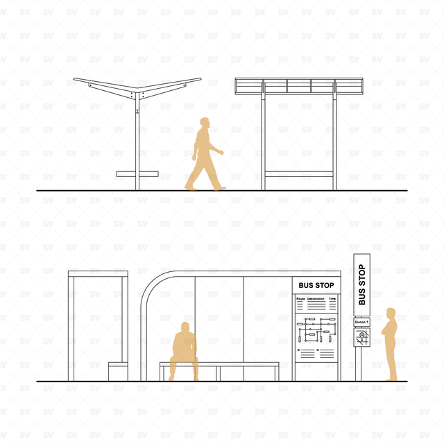 CAD, Vector Bus Stops in Front and Side Views