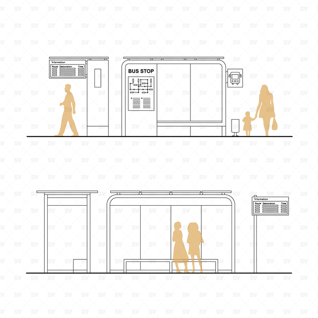 CAD, Vector Bus Stops in Front and Side Views